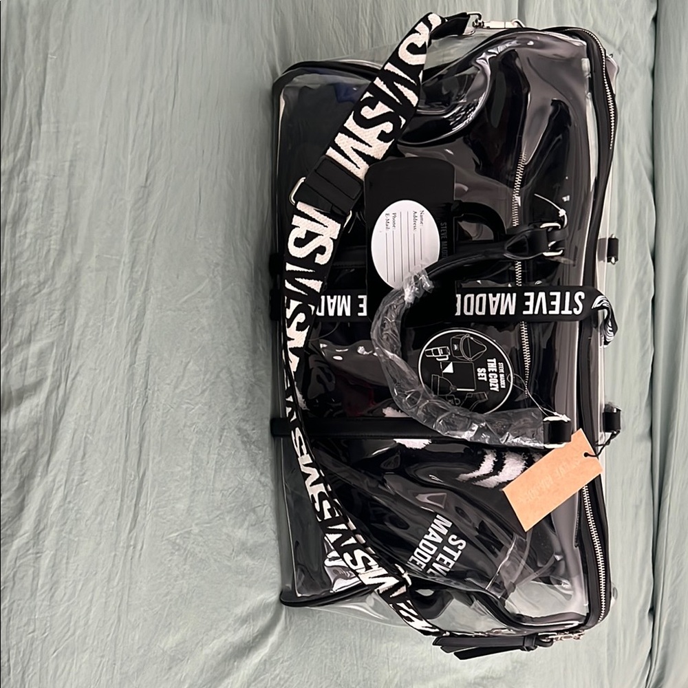 Steve Madden Black Glossy Duffel Bag with Sporty Design